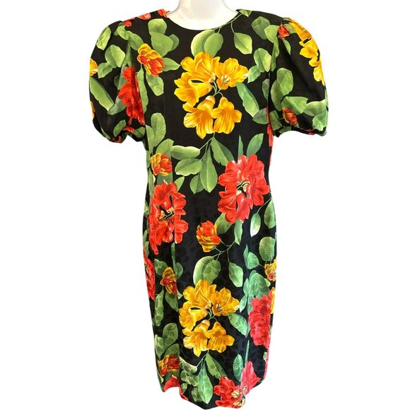 Vintage 1980s Adrianna Papell Tropical Floral Short Sleeve Silk Dress Size 10 - Picture 1 of 8